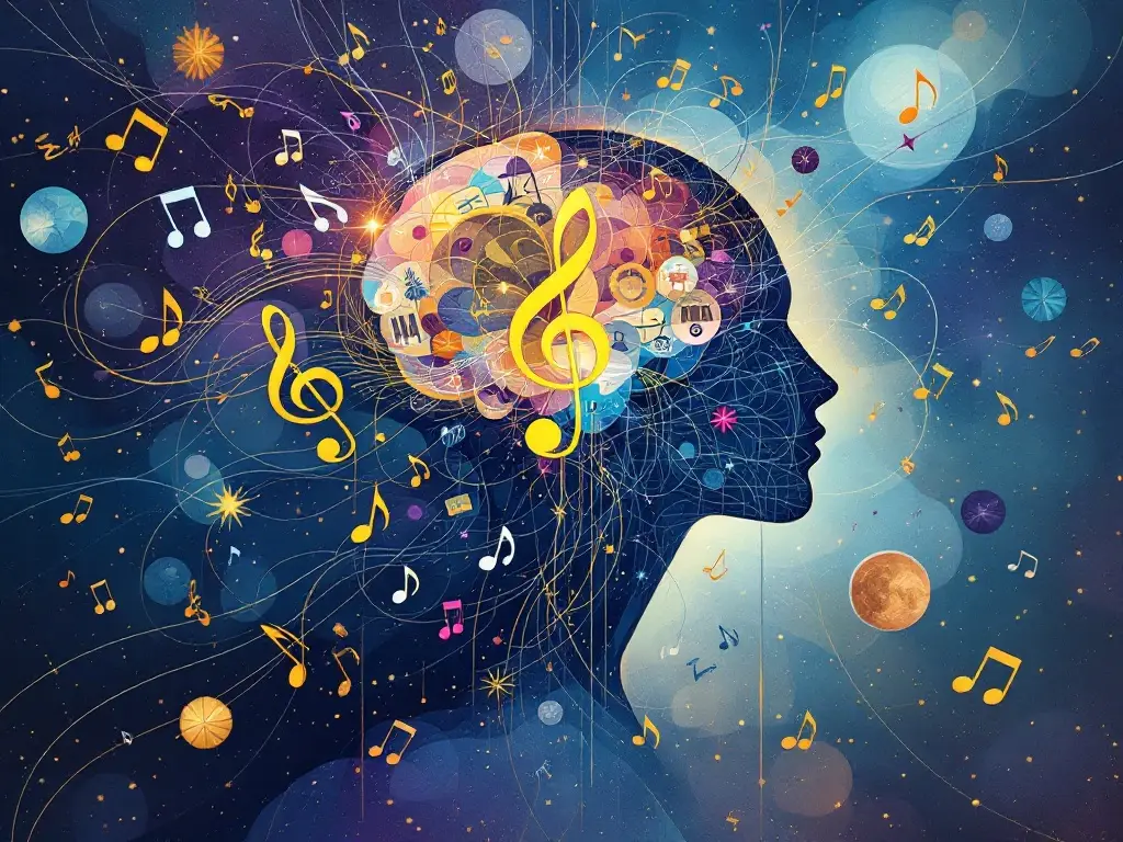 Image générée par IA représentant une femme avec des notes de musique jaillissant de sa tête, utilisée pour illustrer la section blog de Juliette de Saint Rémy, explorant la créativité musicale et les inspirations artistiques