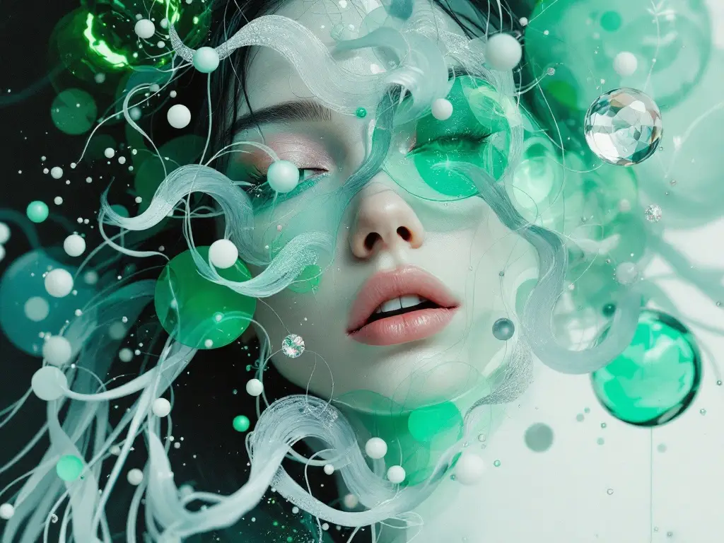 Femme mystérieuse enveloppée de vert, inspirée par les univers de Björk et Billie Eilish, reflétant une esthétique onirique et introspective