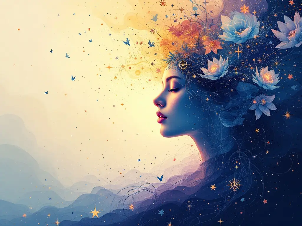 Femme plongée dans ses pensées, entourée d'éléments naturels et créatifs, symbolisant le processus de recherche d'inspiration dans la vie quotidienne