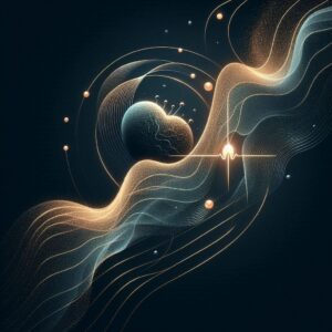 Illustration abstraite : onde sonore fluide représentant le système nerveux connecté à un cœur luminescent, palette minimaliste céleste