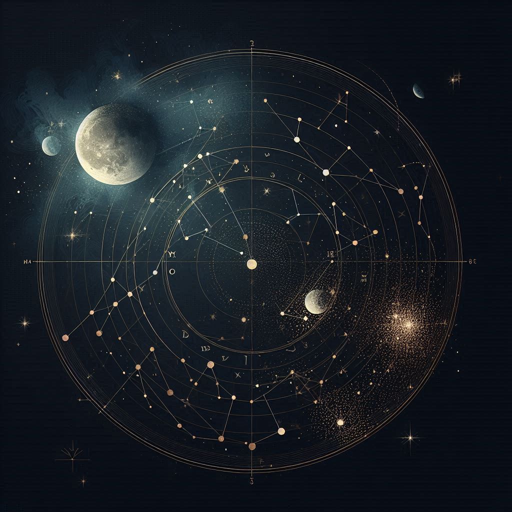 Illustration minimaliste : carte de constellations avec symboles du zodiaque, phases lunaires et poussière d'étoiles sur fond noir céleste