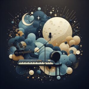 Illustration minimaliste : studio de musique abstrait avec instruments (clavier, microphone) se fondant dans des éléments cosmiques et ondes sonores