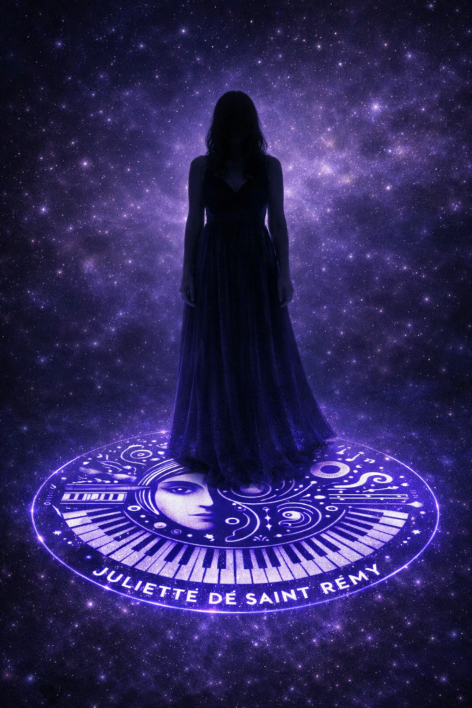 Juliette de Saint Rémy — silhouette nocturne sur mandala musical et fond de constellation